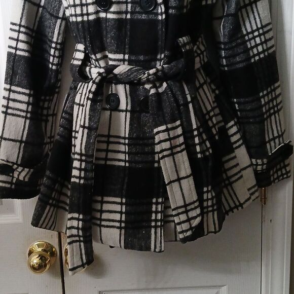 Jou Jou  black white plaid stylish wool blend pea coat  Sz S EUC - Picture 2 of 7